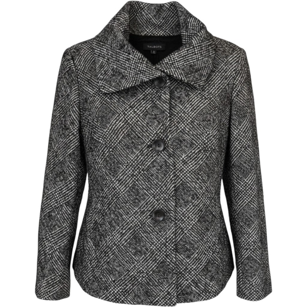 Talbots Womens Black White Plaid Wool Blend Metallic Button Up Jacket Size 16